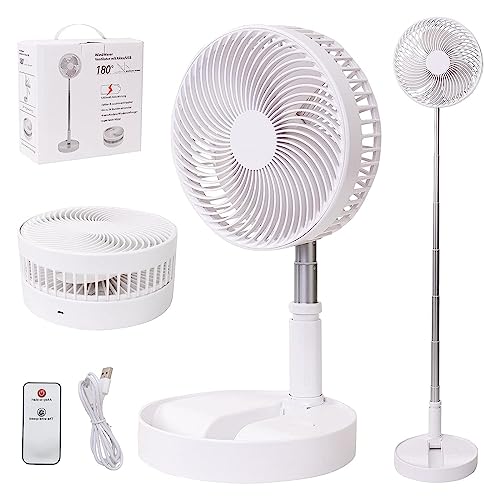 Portable Desk Fan,Foldable Fan Pedestal Stand Floor Fan with Remote Controller Adjustable Height from 14.2'' o 39'', 4 Speeds & Time Settings, 7200mAh Rechargeable Telescopic Oscillate USB Charging