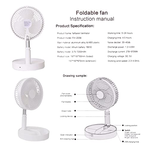 Portable Desk Fan,Foldable Fan Pedestal Stand Floor Fan with Remote Controller Adjustable Height from 14.2'' o 39'', 4 Speeds & Time Settings, 7200mAh Rechargeable Telescopic Oscillate USB Charging