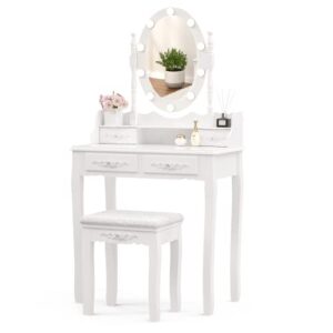 alohappy girls makeup vanity set, dressing table desk with lighted mirror and stool, makeup table with 4 drawers for bedroom, bathroom (vanity with lighted mirror)