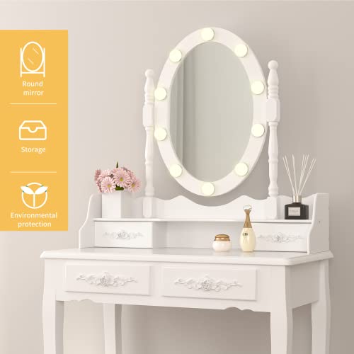 Alohappy Girls Makeup Vanity Set, Dressing Table Desk with Lighted Mirror and Stool, Makeup Table with 4 Drawers for Bedroom, Bathroom (Vanity with Lighted Mirror)