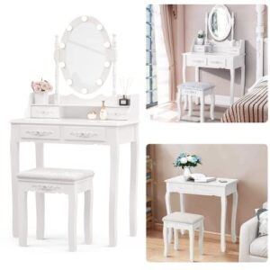 Alohappy Girls Makeup Vanity Set, Dressing Table Desk with Lighted Mirror and Stool, Makeup Table with 4 Drawers for Bedroom, Bathroom (Vanity with Lighted Mirror)