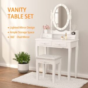 Alohappy Girls Makeup Vanity Set, Dressing Table Desk with Lighted Mirror and Stool, Makeup Table with 4 Drawers for Bedroom, Bathroom (Vanity with Lighted Mirror)