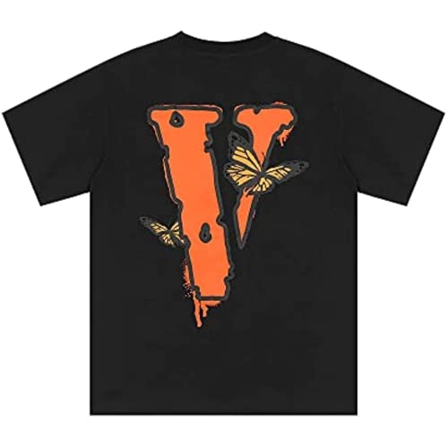 Big V Letter Shirts Men's Graphic Print T Shirt Hip Hop Short Sleeve Cotton Crew Neck Tee Tops for Men Women (Black Butterfly,Small)