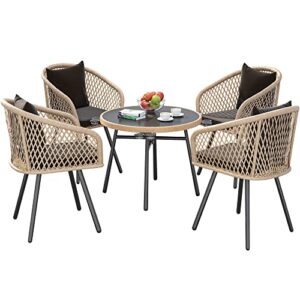 YITAHOME 5-Piece Outdoor Patio Furniture Dining Set, All-Weather Rattan Conversation Set with Soft Cushions and Glass Top Dining Table for Backyard Deck (Light Brown + Black)