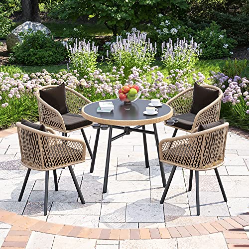 YITAHOME 5-Piece Outdoor Patio Furniture Dining Set, All-Weather Rattan Conversation Set with Soft Cushions and Glass Top Dining Table for Backyard Deck (Light Brown + Black)