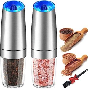 enutogo electric salt and pepper grinder set, gravity automatic mill salt and pepper with adjustable coarseness, battery powered with led light, one hand operation, stainless steel
