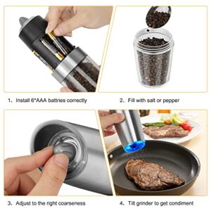 Enutogo Electric Salt and Pepper Grinder Set, Gravity Automatic Mill Salt and Pepper with Adjustable Coarseness, Battery Powered with LED Light, One Hand Operation, Stainless Steel