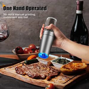 Enutogo Electric Salt and Pepper Grinder Set, Gravity Automatic Mill Salt and Pepper with Adjustable Coarseness, Battery Powered with LED Light, One Hand Operation, Stainless Steel