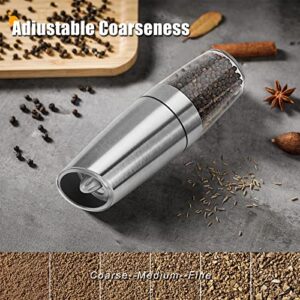 Enutogo Electric Salt and Pepper Grinder Set, Gravity Automatic Mill Salt and Pepper with Adjustable Coarseness, Battery Powered with LED Light, One Hand Operation, Stainless Steel