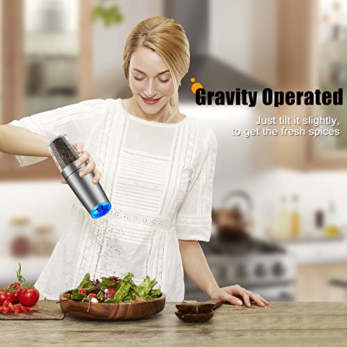 Enutogo Electric Salt and Pepper Grinder Set, Gravity Automatic Mill Salt and Pepper with Adjustable Coarseness, Battery Powered with LED Light, One Hand Operation, Stainless Steel