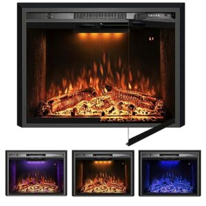velaychimney 29 inches electric fireplace insert, 750w/1500w fireplace heater with adjustable flame and top light colors, fire crackling sound, remote control, timer, glass door & mesh screen, black…