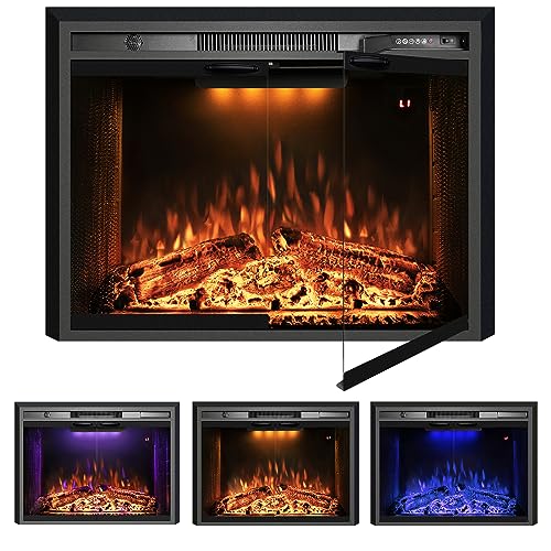 Velaychimney 29 Inches Electric Fireplace Insert, 750W/1500W Fireplace Heater with Adjustable Flame and Top Light Colors, Fire Crackling Sound, Remote Control, Timer, Glass Door & Mesh Screen, Black…