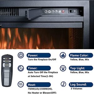 Velaychimney 29 Inches Electric Fireplace Insert, 750W/1500W Fireplace Heater with Adjustable Flame and Top Light Colors, Fire Crackling Sound, Remote Control, Timer, Glass Door & Mesh Screen, Black…