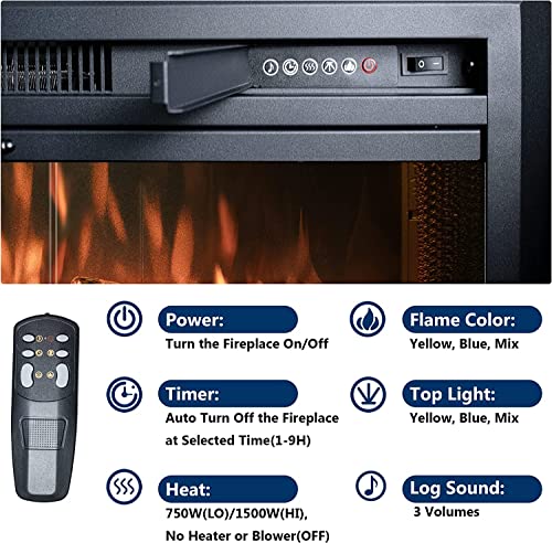 Velaychimney 29 Inches Electric Fireplace Insert, 750W/1500W Fireplace Heater with Adjustable Flame and Top Light Colors, Fire Crackling Sound, Remote Control, Timer, Glass Door & Mesh Screen, Black…