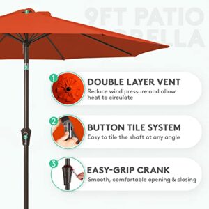 JEAREY 9FT Outdoor Patio Umbrella Outdoor Table Umbrella with Push Button Tilt and Crank, Market Umbrella 8 Sturdy Ribs UV Protection Waterproof for Garden, Deck, Backyard, Pool (Orange)