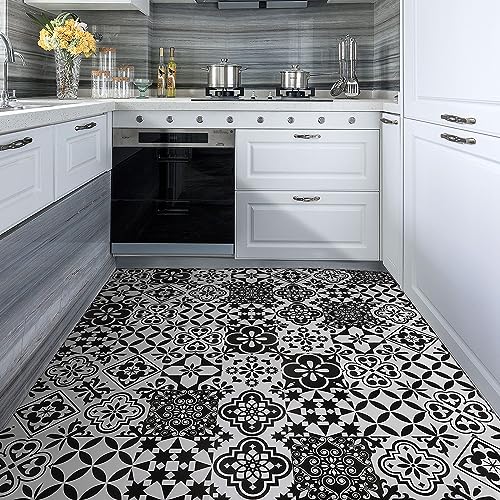 Peel and Stick Floor Tile Black and White Vinyl Flooring 7.87in X 7.87in Peel and Stick Tiles for Kitchen Bathroom, 10 Different Pattern