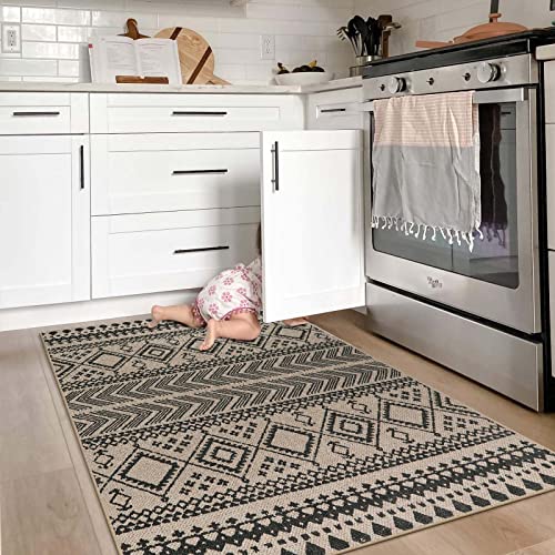 Lahome Boho Easy Jute Area Rug - 3x5 Machine Washable Front Door Mat Black Entryway Rug Geometric Kitchen Rugs, Southwestern Non Slip Indoor Outdoor Rug Kitchen Carpet for Living Bedroom Office Foyer