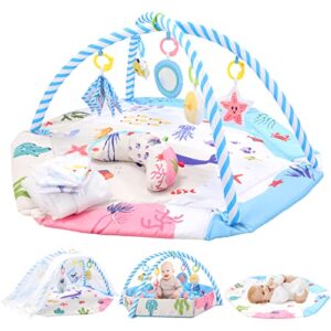 5-in-1 baby play mat, thickened tummy time mat & ball pit ocean theme baby activity mat with net, non-slip & washable for 3-18m baby motor&cognition development, 39.4x43.3x18.5 inch