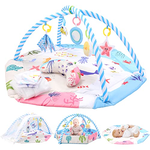 5-in-1 Baby Play Mat, Thickened Tummy Time Mat & Ball Pit Ocean Theme Baby Activity Mat with Net, Non-Slip & Washable for 3-18M Baby Motor&Cognition Development, 39.4x43.3x18.5 Inch