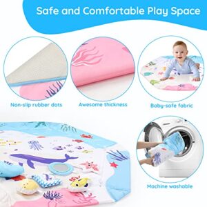 5-in-1 Baby Play Mat, Thickened Tummy Time Mat & Ball Pit Ocean Theme Baby Activity Mat with Net, Non-Slip & Washable for 3-18M Baby Motor&Cognition Development, 39.4x43.3x18.5 Inch