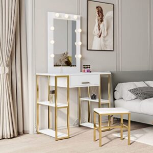vanity desk set, makeup vanity with chair & mirror & adjustable brightness lights & large drawer, vanity table for bedroom, bathroom, small space (white)