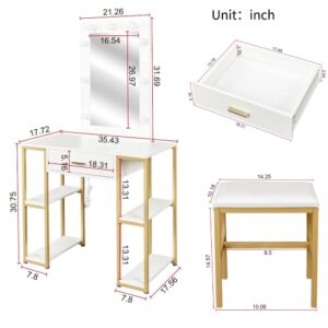 Vanity Desk Set, Makeup Vanity with Chair & Mirror & Adjustable Brightness Lights & Large Drawer, Vanity Table for Bedroom, Bathroom, Small Space (White)