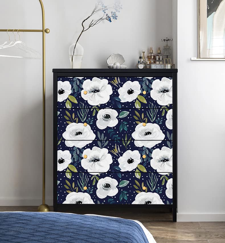 HAOKHOME 93245-3 Peel and Stick Floral Wallpaper Home Decor Removable Navy/White/Blue Vinyl Self Adhesive Mural 17.7in x 9.8ft