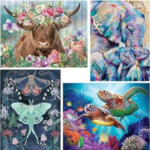 vigegu paint by number for adults,painting by numbers kits on canvas,without frame diy 4 pack cow elephant sea turtle moth oil painting acrylic paints home decor 12x16 inch