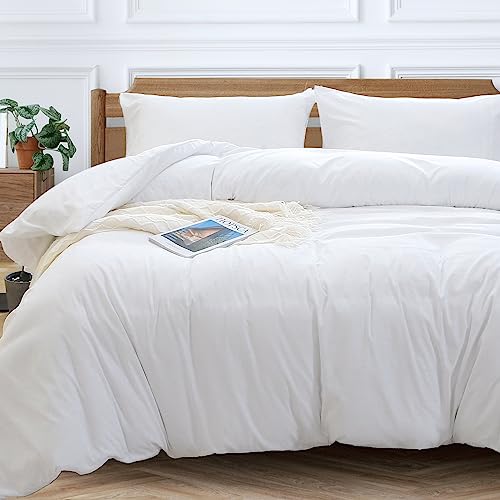 MUXHOMO Duvet Cover Queen Size, White Duvet Set Queen 3 Pieces, Cooling Queen Size Duvet Covers Set, Brushed Microfiber Comforter Cover with Zipper Closure and 2 Pillow Cases (90"×90")