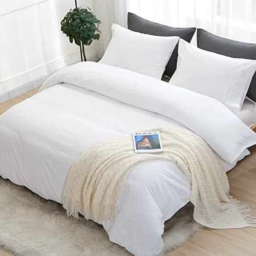 MUXHOMO Duvet Cover Queen Size, White Duvet Set Queen 3 Pieces, Cooling Queen Size Duvet Covers Set, Brushed Microfiber Comforter Cover with Zipper Closure and 2 Pillow Cases (90"×90")