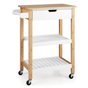 giantex kitchen island cart with storage, rolling bamboo kitchen cart on wheels, w/pull-out drawer, towel handle, 2 open shelves, mobile coffee bar cart for dining room living room (wood & white)