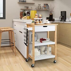 Giantex Kitchen Island Cart with Storage, Rolling Bamboo Kitchen Cart on Wheels, w/Pull-Out Drawer, Towel Handle, 2 Open Shelves, Mobile Coffee Bar Cart for Dining Room Living Room (Wood & White)