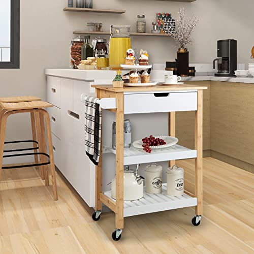 Giantex Kitchen Island Cart with Storage, Rolling Bamboo Kitchen Cart on Wheels, w/Pull-Out Drawer, Towel Handle, 2 Open Shelves, Mobile Coffee Bar Cart for Dining Room Living Room (Wood & White)