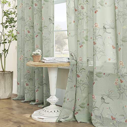 XTMYI Sage Green Curtains 84 Inch Length for Living Room 2 Panels Set Spring Design Printed Pattern Floral Bird Leaf Sheer Window Curtain Panels for Bedroom 84 Inches Long,Light Green