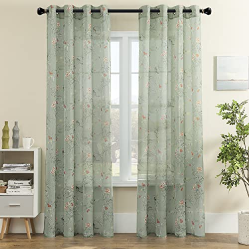 XTMYI Sage Green Curtains 84 Inch Length for Living Room 2 Panels Set Spring Design Printed Pattern Floral Bird Leaf Sheer Window Curtain Panels for Bedroom 84 Inches Long,Light Green