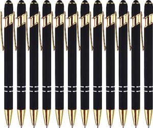 linfanc 12 pack black gold ballpoint pen with stylus tip, 1.0 mm black ink smooth writing pens, metal stylus pens for touch screens