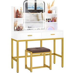 armocity vanity desk with mirror and light, makeup vanity with cushioned stool, vanity table set with 3 color lighting options, modern dressing table with 2 storage drawers for bedroom, white