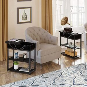 Rolanstar Black Bookshelf 6 Tier with 4 Hooks, Industrial Wood Bookcase, Vintage Storage Rack Bundle End Table with Charging Station Set of 2 Living Room Side Table