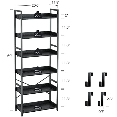 Rolanstar Black Bookshelf 6 Tier with 4 Hooks, Industrial Wood Bookcase, Vintage Storage Rack Bundle End Table with Charging Station Set of 2 Living Room Side Table