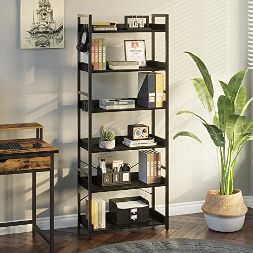 Rolanstar Black Bookshelf 6 Tier with 4 Hooks, Industrial Wood Bookcase, Vintage Storage Rack Bundle End Table with Charging Station Set of 2 Living Room Side Table