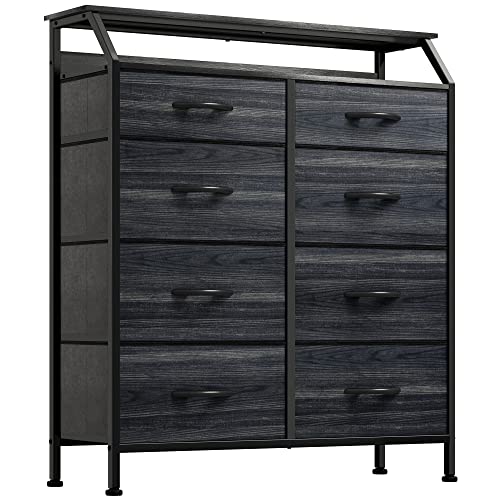 YITAHOME Fabric Dresser with 8 Drawers, Furniture Storage Tower Cabinet, Dresser for Bedroom, Living Room, Hallway, Closet, Sturdy Steel Frame, Wooden Top, Easy Pull Fabric Bins, Black Wood Grain