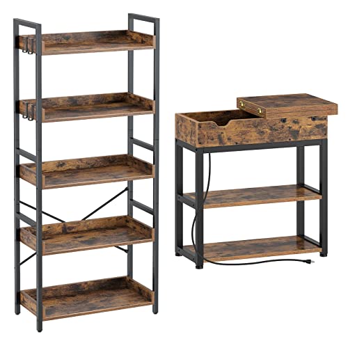 Rolanstar Bookshelf 6 Tier with 4 Hooks, Industrial Wood Bookcase, Vintage Storage Rack with Open Shelves, Rustic Standing Bookshelves Metal Frame Display Rack Bundle End Table with Charging Station