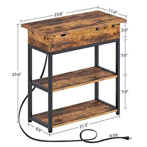 Rolanstar Bookshelf 6 Tier with 4 Hooks, Industrial Wood Bookcase, Vintage Storage Rack with Open Shelves, Rustic Standing Bookshelves Metal Frame Display Rack Bundle End Table with Charging Station