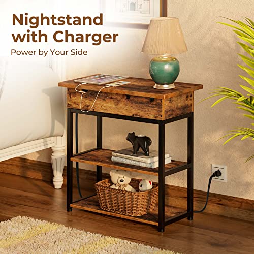 Rolanstar Bookshelf 6 Tier with 4 Hooks, Industrial Wood Bookcase, Vintage Storage Rack with Open Shelves, Rustic Standing Bookshelves Metal Frame Display Rack Bundle End Table with Charging Station