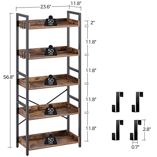 Rolanstar Bookshelf 6 Tier with 4 Hooks, Industrial Wood Bookcase, Vintage Storage Rack with Open Shelves, Rustic Standing Bookshelves Metal Frame Display Rack Bundle End Table with Charging Station