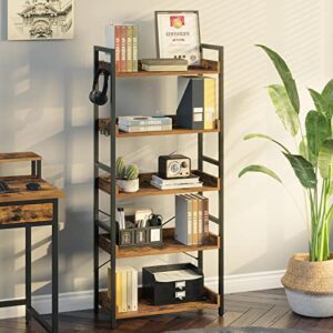 Rolanstar Bookshelf 6 Tier with 4 Hooks, Industrial Wood Bookcase, Vintage Storage Rack with Open Shelves, Rustic Standing Bookshelves Metal Frame Display Rack Bundle End Table with Charging Station