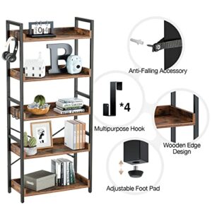 Rolanstar Bookshelf 6 Tier with 4 Hooks, Industrial Wood Bookcase, Vintage Storage Rack with Open Shelves, Rustic Standing Bookshelves Metal Frame Display Rack Bundle End Table with Charging Station