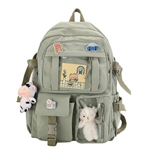 thanps kawaii backpack with cute pin accessories and plush pendant cute aesthetic backpacks for school bag girl backpack (green), 31*13*43cm