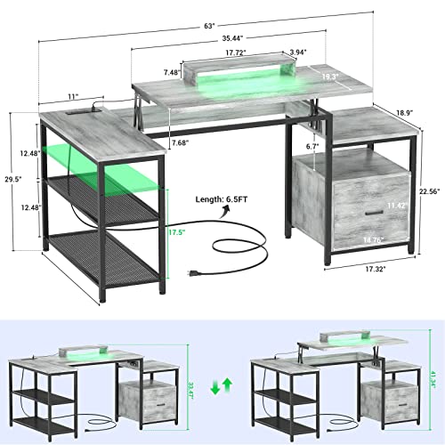 Aheaplus L Shaped Desk with Power Outlet, Standing Home Office Desk with Lift Top and File Drawer, 63'' Corner Computer Desk with Monitor Stand&Printer Shelves, Gaming Desk with Led Lights, White Oak