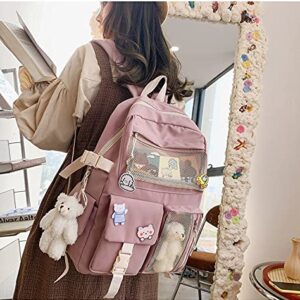 Zitouryo Kids Backpacks for Girls, Kawaii Backpack, Cute Bear Plush Pin Accessories Aesthetic School Bag for College Middle for Girls Teen (Pink Bookbag)